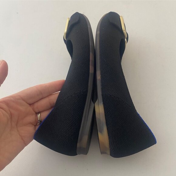 Rothy's Emblem Round Toe Ballet Flats Shoes Black Gold Buckle - Picture 3 of 8